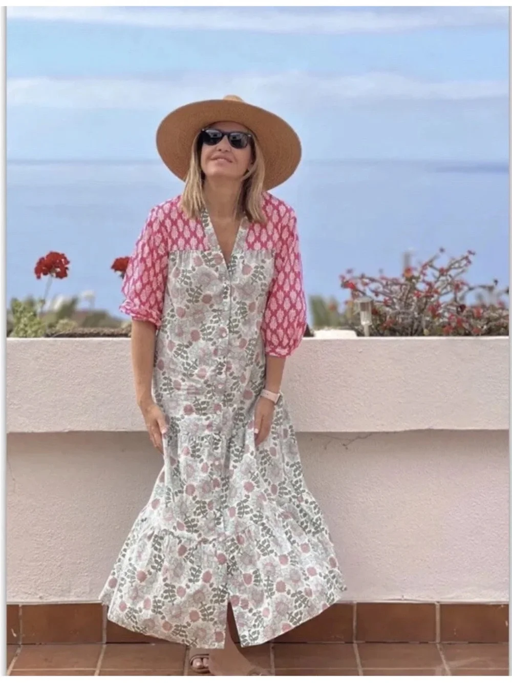 Zara Block Printed Floral Pink Ecru Midi Dress M